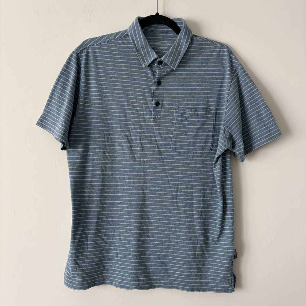 Patagonia 100% Organic Cotton Polo Shirt Blue Stripe Sz M Outdoor Coastal Preppy
